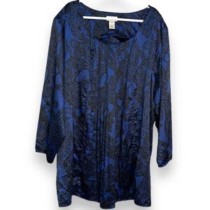 Chelsea Studio Blouse Womens 34W Blue Black Paisley Print Tunic Satin Formal Top